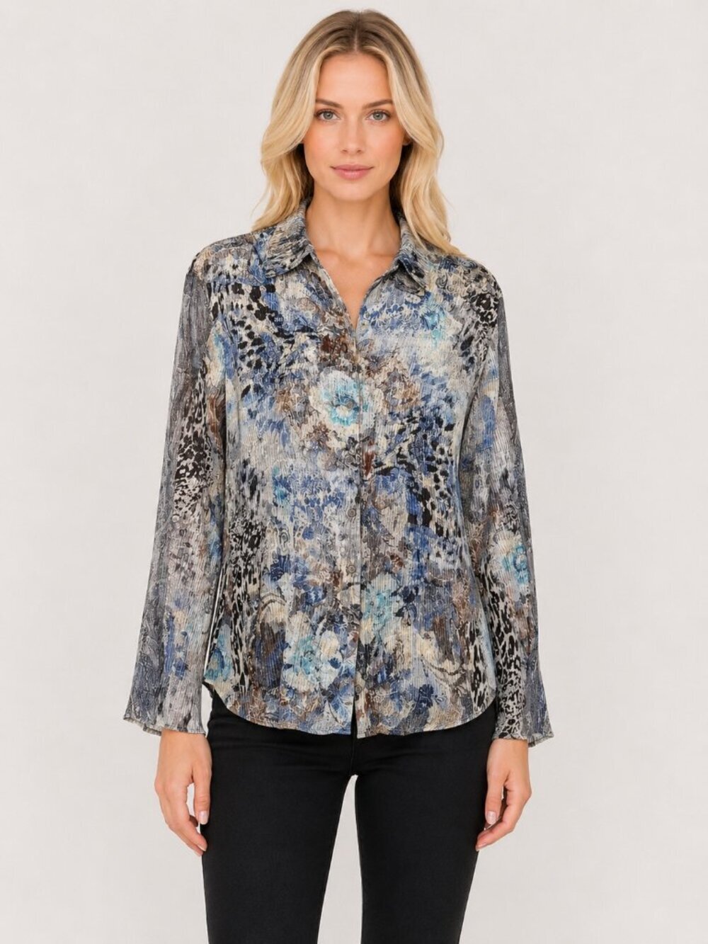 KOMAROV Blue Watercolor Ruffle Bell Sleeve Crinkle Blouse lace size Medium shirt